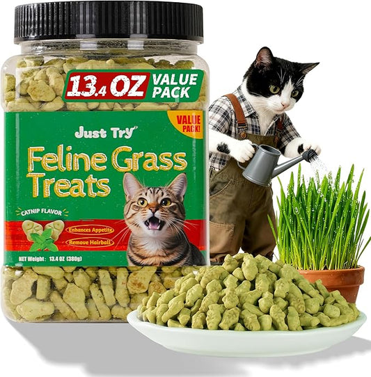 Just Try 13.4 OZ 380g Cat Grass Treats for Indoor Cats Hairball Control Natural Salmon Kitten Treats Healthy Cat Snacks Training Biscuits Catnip for Cats Dental Care